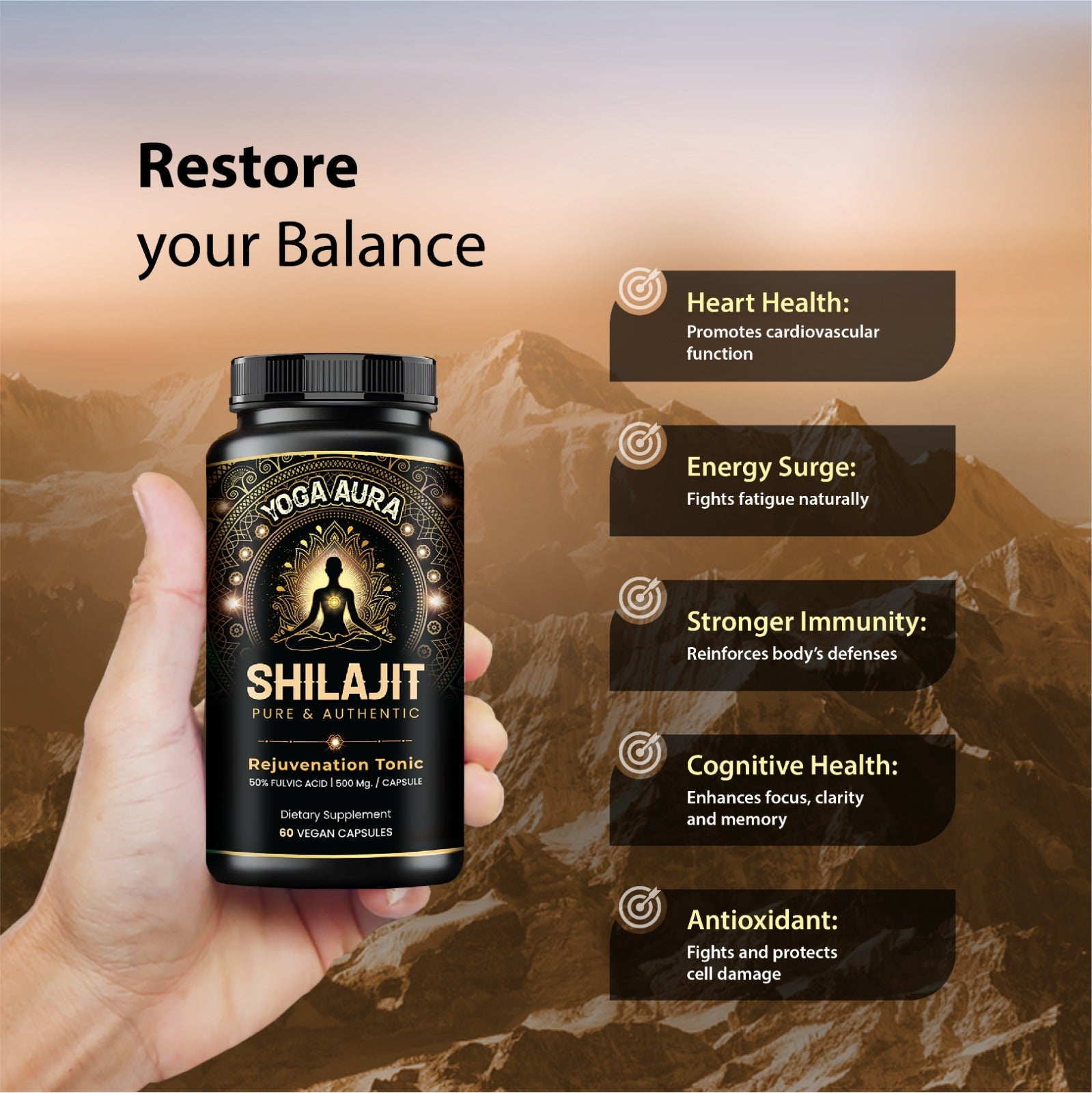 Yoga Aura 100% Pure Shilajit – 500 mg, 50% Fulvic Acid | Lab-Tested with COA | Canada & USA | Health Canada Licensed NPN