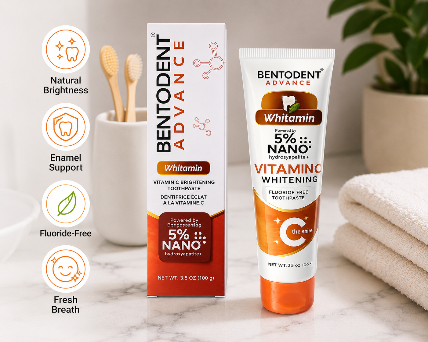 BENTODENT Advance Whitamin, 5% Nano Hydroxyapatite with Bentonite clay , Fluoride Free Nano Hydroxyapatite Toothpaste, Appropriate for Sensitive Teeth - for Adult Oral Care, Fresh Breath, Teeth Whitening 3.5 oz