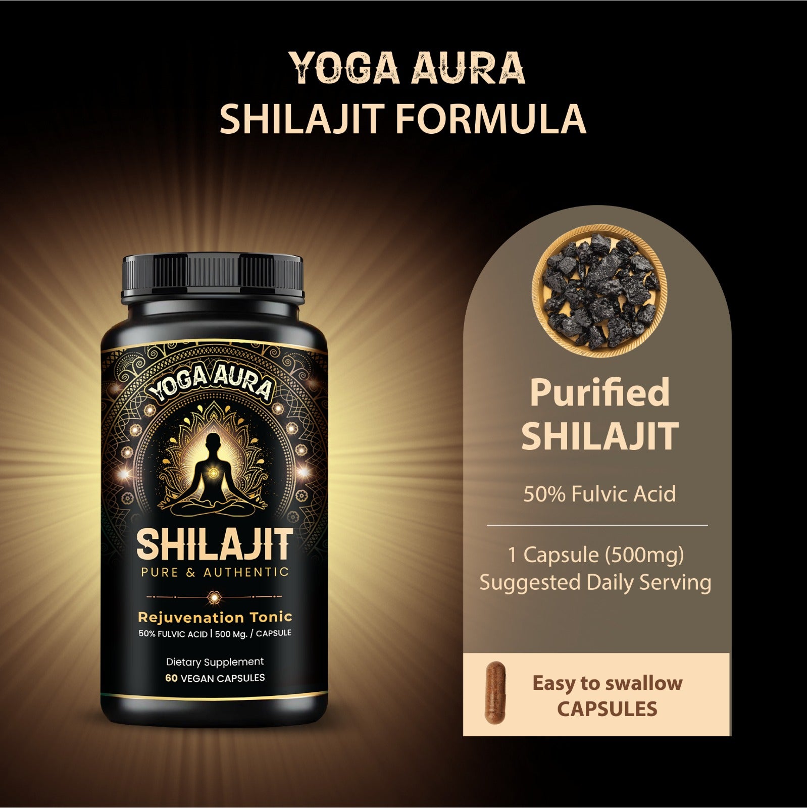 Yoga Aura 100% Pure Shilajit – 500 mg, 50% Fulvic Acid | Lab-Tested with COA | Canada & USA | Health Canada Licensed NPN