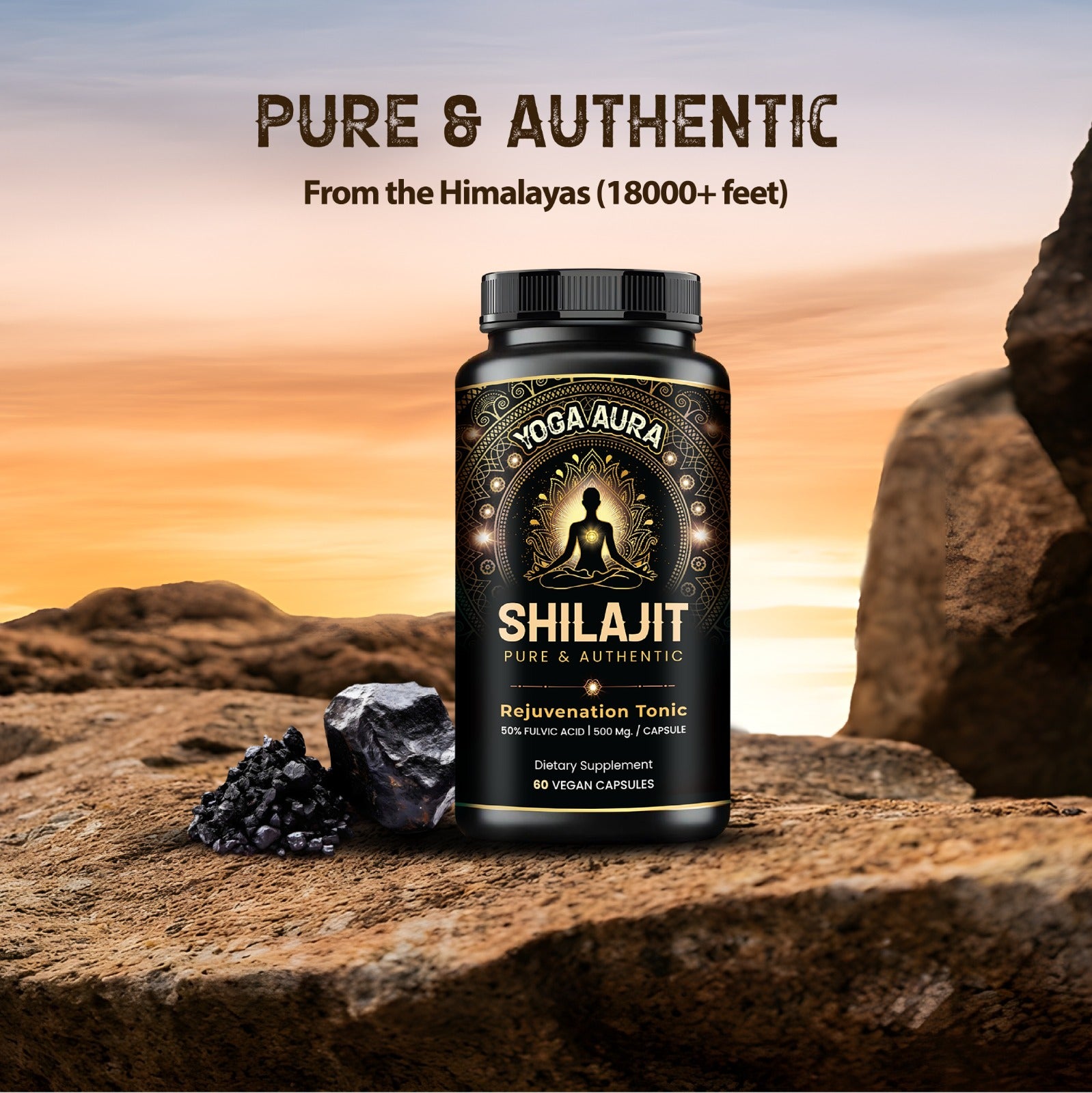 Yoga Aura 100% Pure Shilajit – 500 mg, 50% Fulvic Acid | Lab-Tested with COA | Canada & USA | Health Canada Licensed NPN
