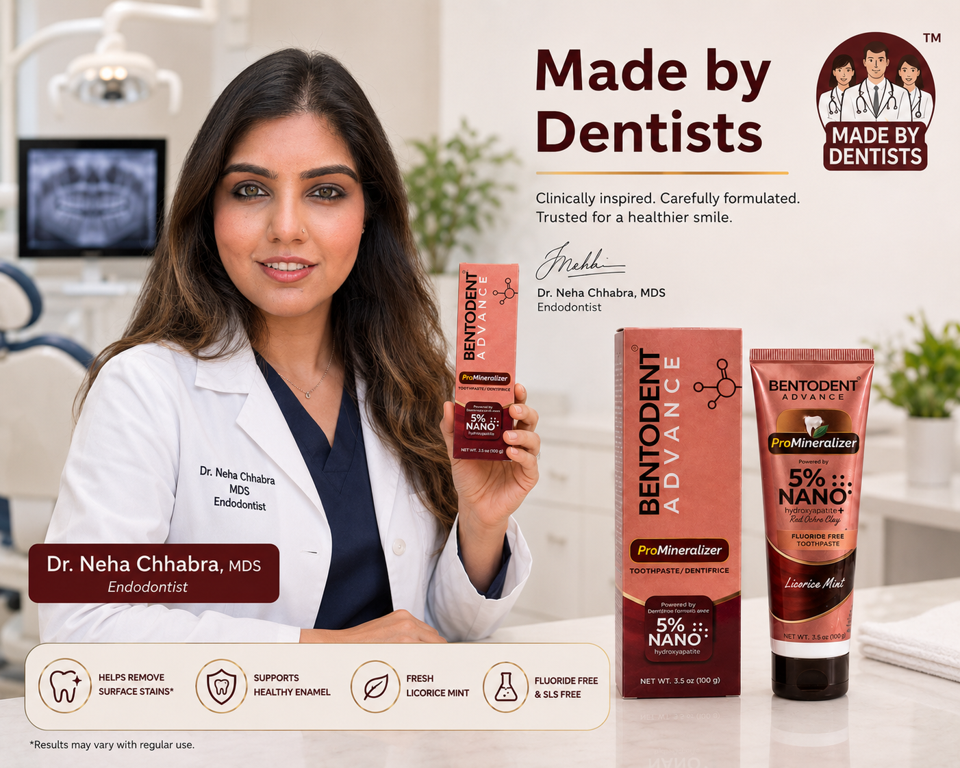 BENTODENT® Advance Mineral Toothpaste, 5% Nano Hydroxyapatite with Red Ochre Clay, Teeth Whitening, Licorice Mint, 100g