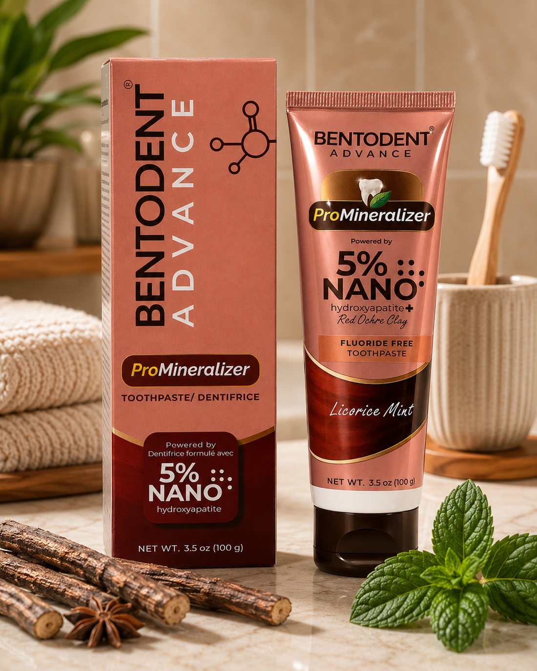 BENTODENT® Advance Mineral Toothpaste, 5% Nano Hydroxyapatite with Red Ochre Clay, Teeth Whitening, Licorice Mint, 100g