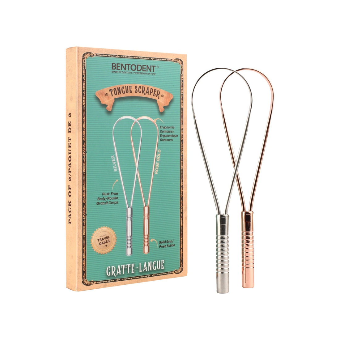BENTODENT Tongue Scraper for Adults &amp; Kids, Silver &amp; Rose Gold, 100% Stainless Steel tongue scraper, Rust-Free metal, 2-Pack with Travel Case, Reduce Bad Breath, Tongue Scrubber, Tongue Cleaner